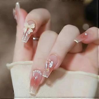 Long Coffin Press On Nails Pearl Pink French Full Cover Fake Nail Tips Set 24PCS for Women