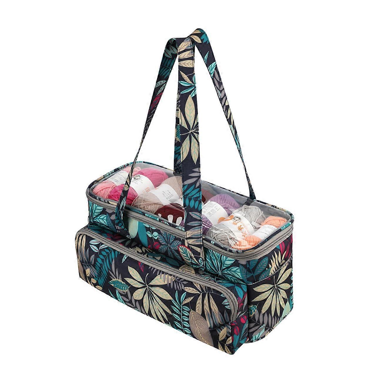 Knitting Bag with Multiple Pockets, Yarn Storage Tote for Crochet Projects with Reinforced Strap