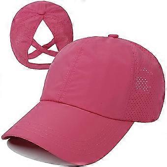 Women's Cross Ponytail Baseball Cap with Quick Dry Function (Rose Red)