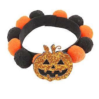 Adjustable Cat & Dog Collar - Orange & Black Pom-Poms - Halloween Witch & Bat Theme
