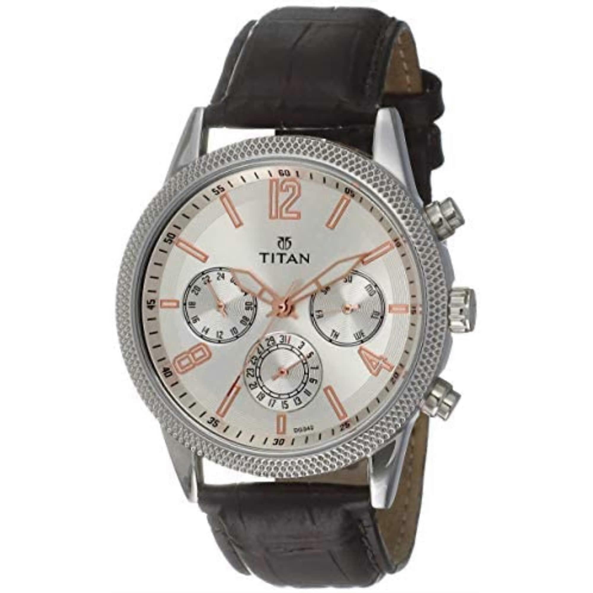 Titan Quartz Multifunction Silver Dial Leather Strap Watch for Men