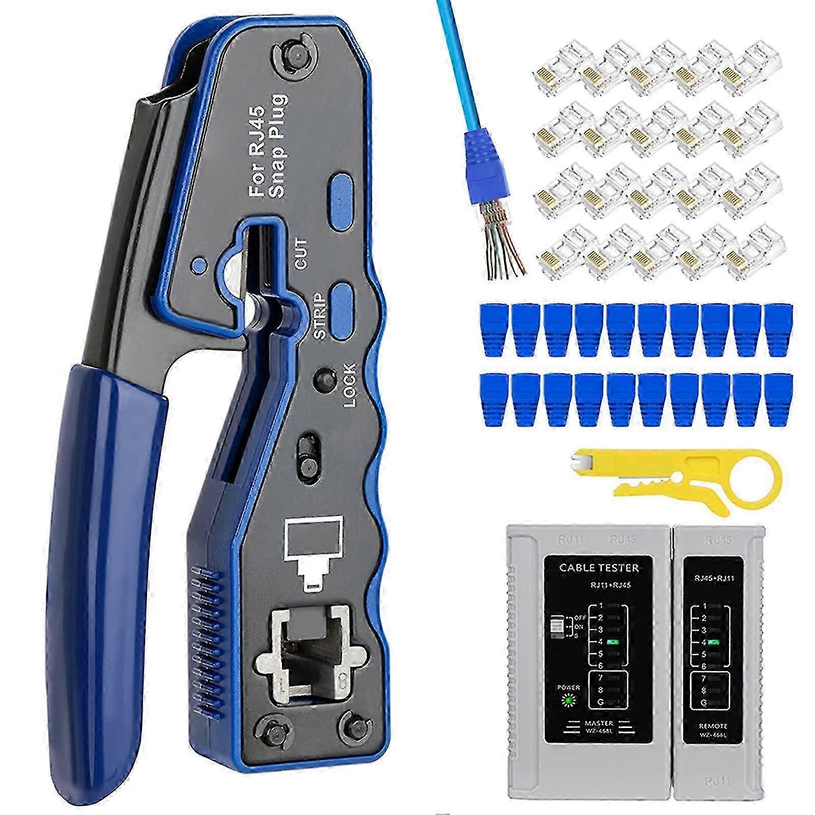 RJ45 Crimper Tool with Pass Through Technology compatible with Ethernet Cable Stripping