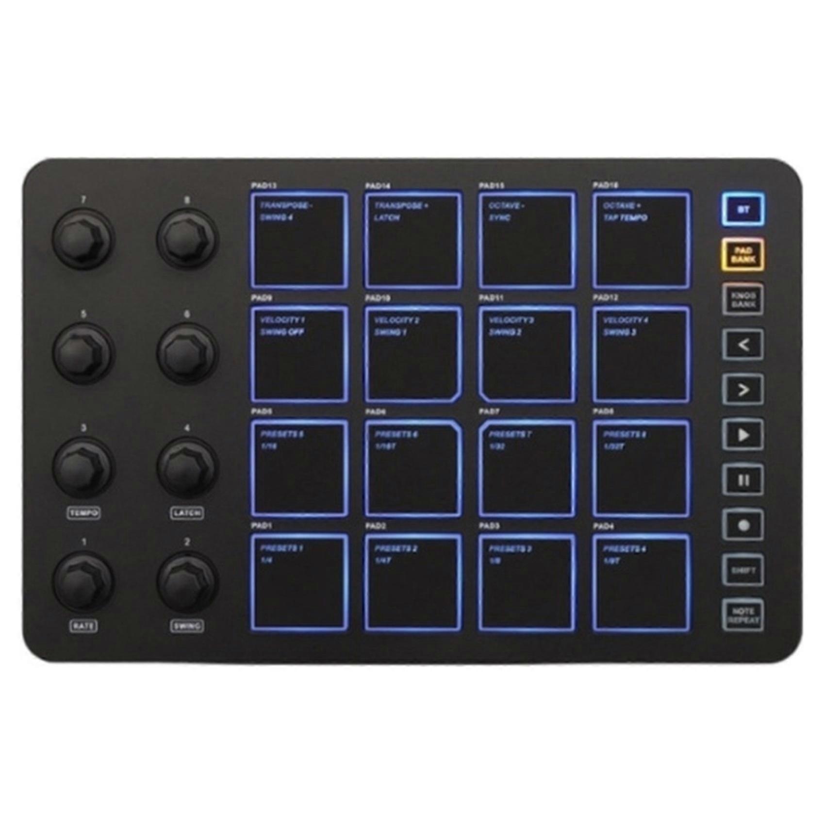 Wireless MIDI Pad Bluetooth MIDI Controller,16 Pads & 8 Assignable Knobs, Portable USB-C Powered W/Built-in Battery