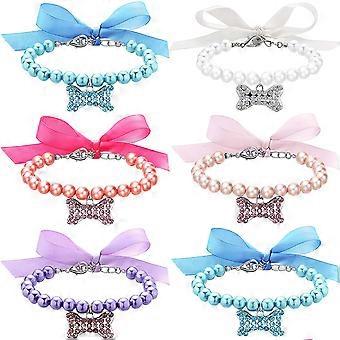 6PCS Pet Pearl Necklace Set with Bone Pendant, Adjustable Collar for Small Medium Dogs and Cats, Cat Dog Jewelry Accessories jdd