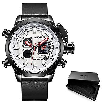Megir Men's Sport Quartz Watches Leather Strap Chronograph Luminous Army Wristwatch 2019 New Top Brand Clock Relogios 2090 Black