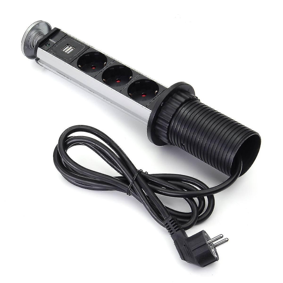 Eu Plug Pull Up 3 Power Socket 2 Usb 16a Charging Port Kitchen Table Desktop Sockets Retractable Countertops Worktop