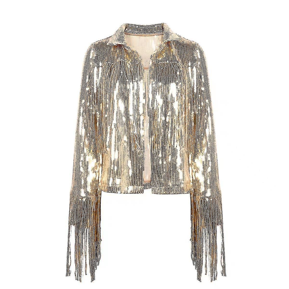 Women's Sequin Jacket With Tassel, Metallic Shiny Cardigan