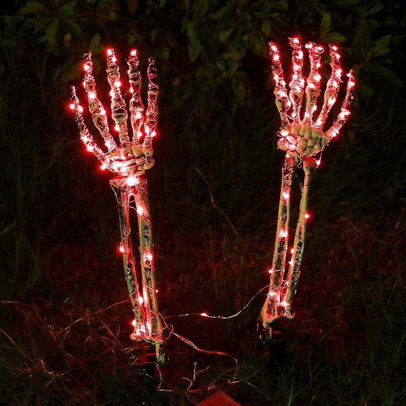 Set of 2 Halloween Skeleton Simulation Hand Bone Props Garden Decoration Red Glowing Ghost Hand