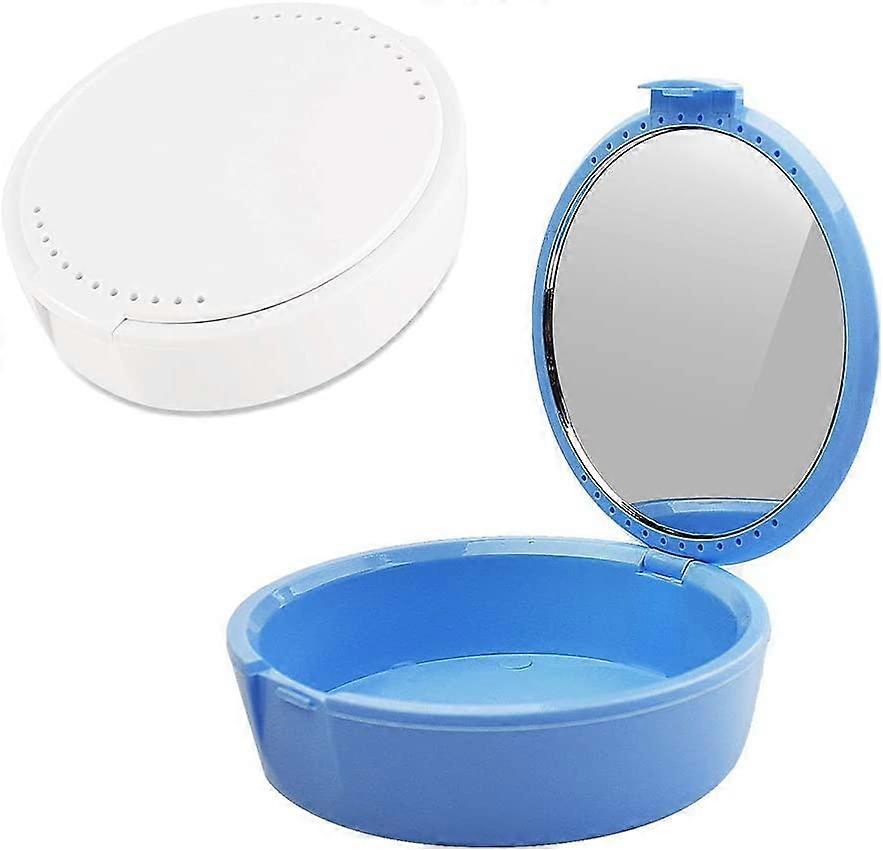 Partial Denture Storage Box With Mirror (Blue + White)