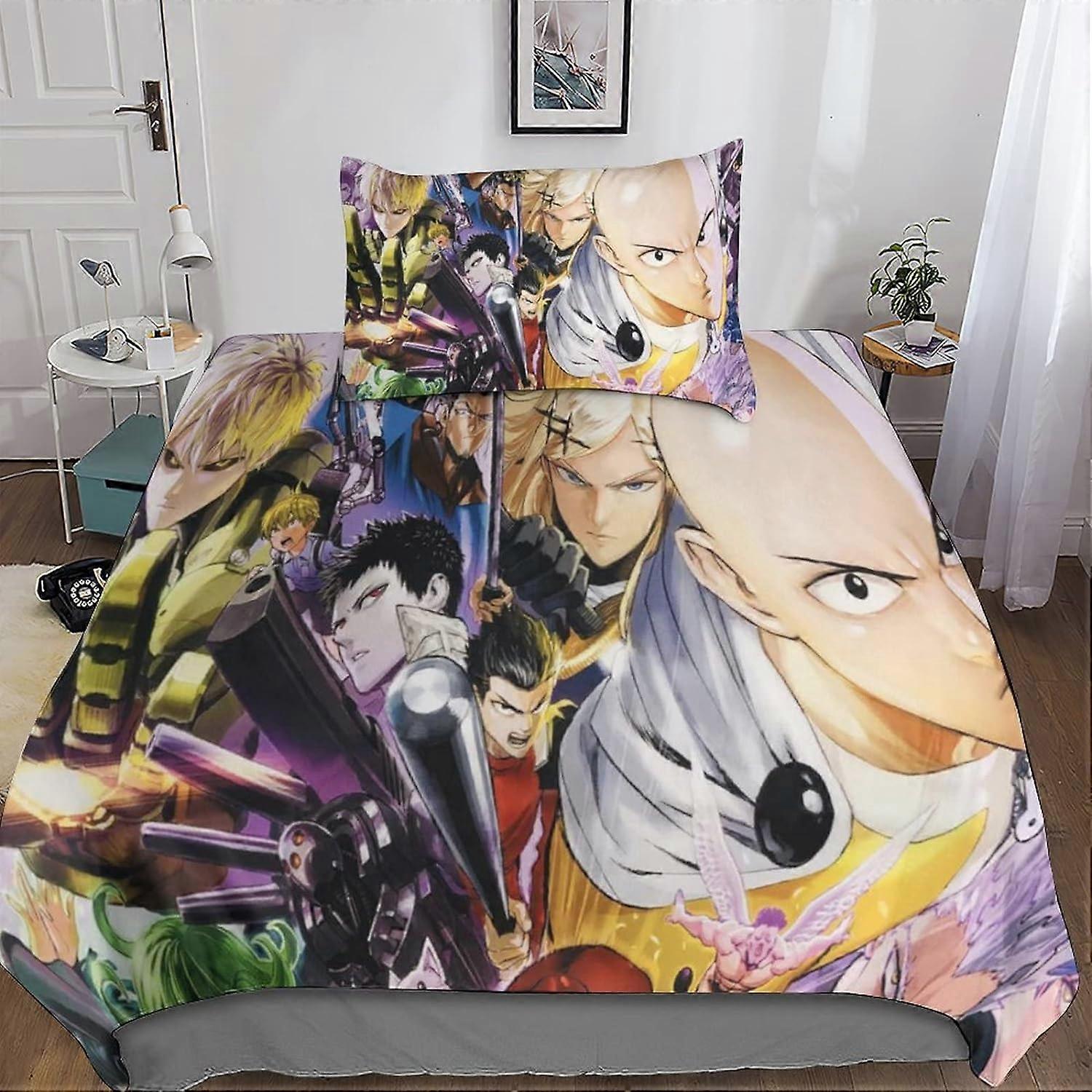 3D One Punch Man Zestaw pościeli dla chłopców i nastolatków Poszwa na kołdrę anime, poszewka na kołdrę z mikrofibry z zapięciem na zamek błyskawiczny 2 sztuki poszewek na poduszki pojedyncze