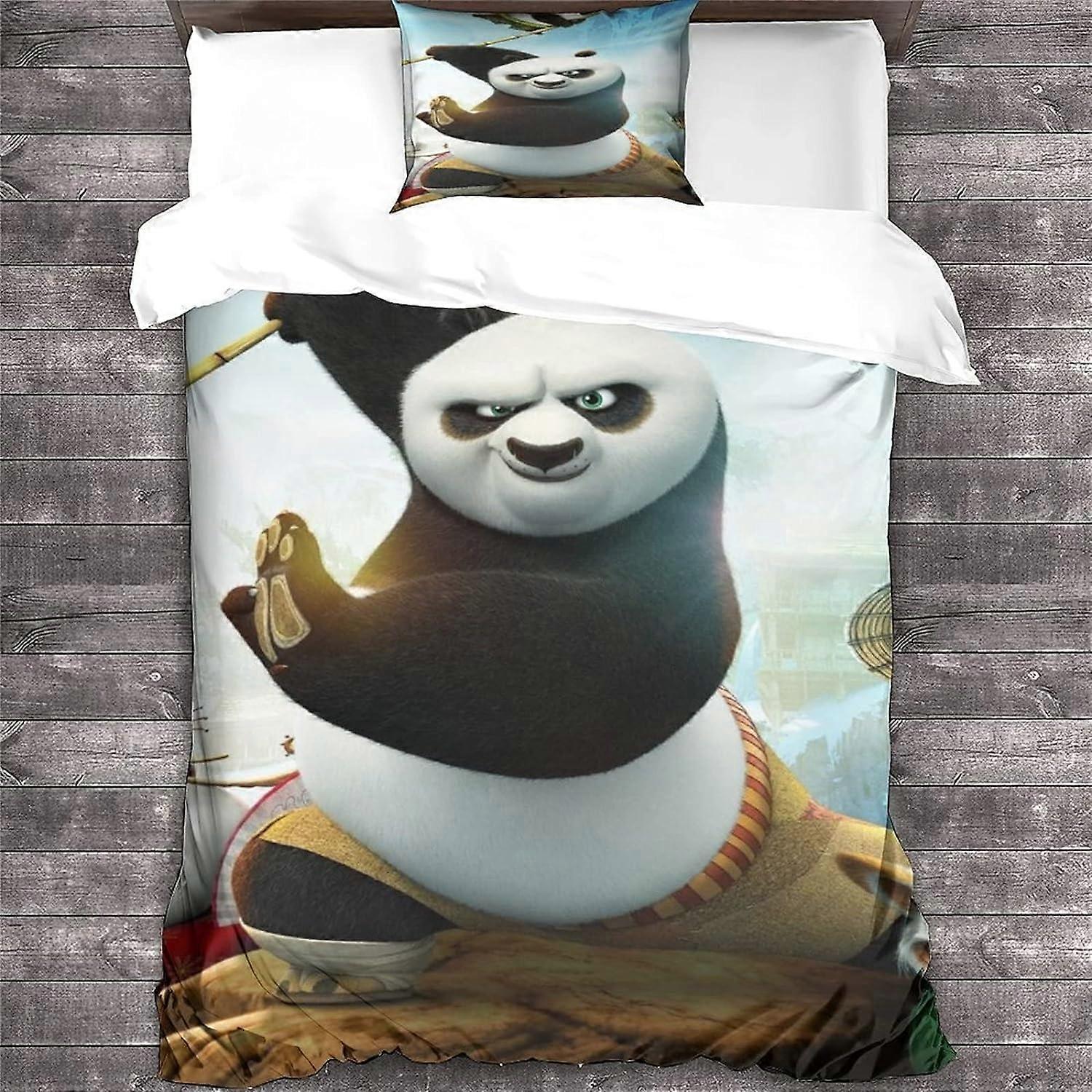 Kung Fu Panda Animation Print Microfiber Bedding Set, with Duvet Cover and Pillowcases, Suitable for Boys and Girls