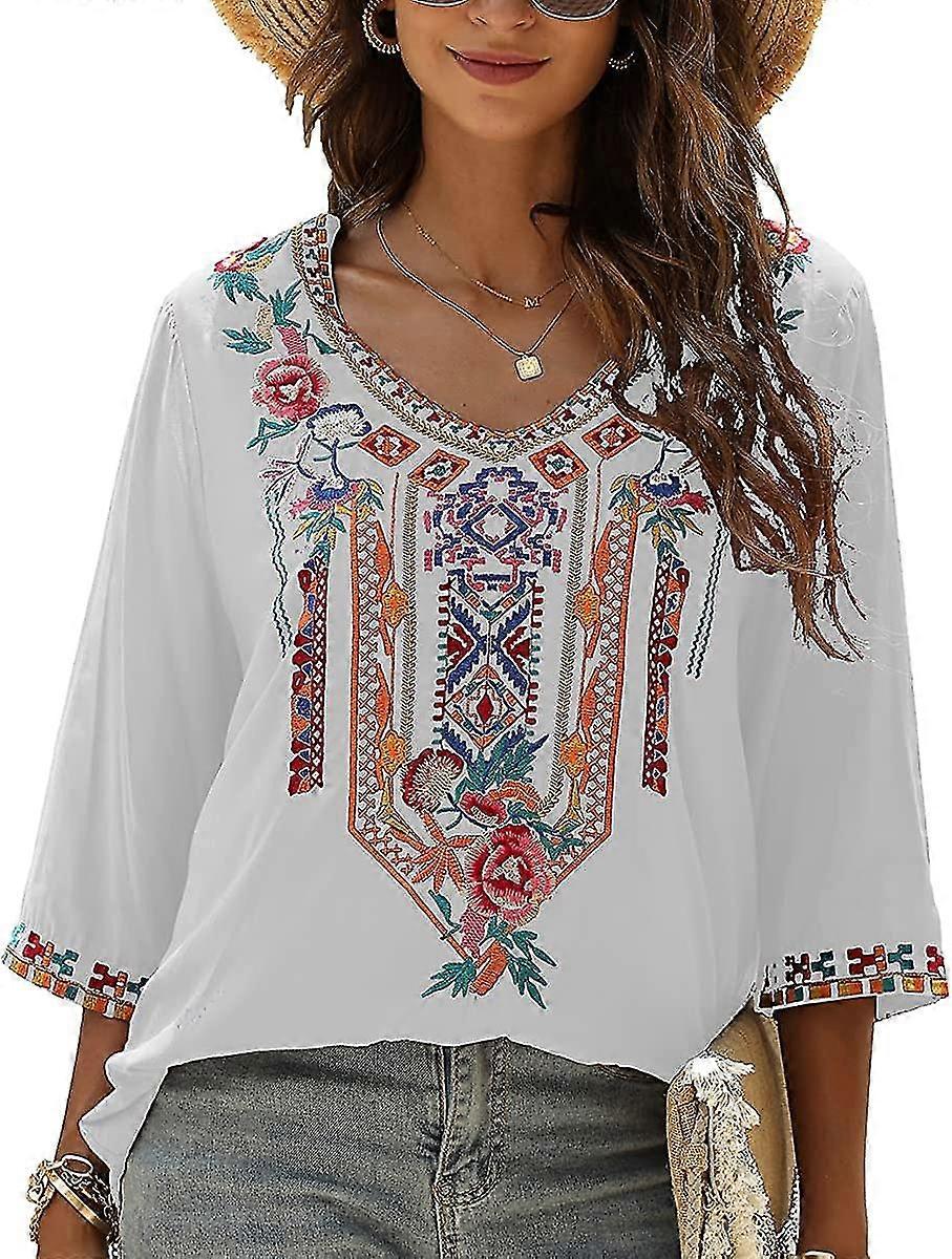 Mexican Embroidered Blouse For Women - Bohemian Floral Tunic, V-Neck Short Sleeve Top For Summer