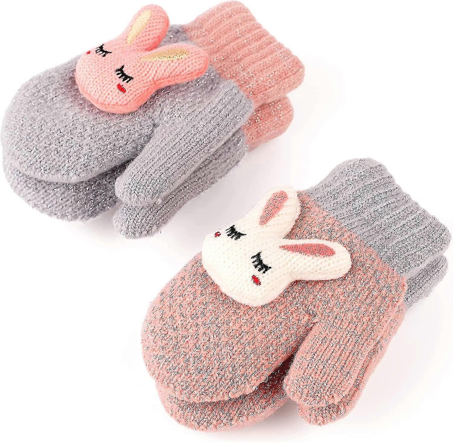 2 Pairs Kids Mittens With String Winter Warm Stretch Knit Full Finger Snow Gloves Children Magic Ski Gloves Fleece Lined
