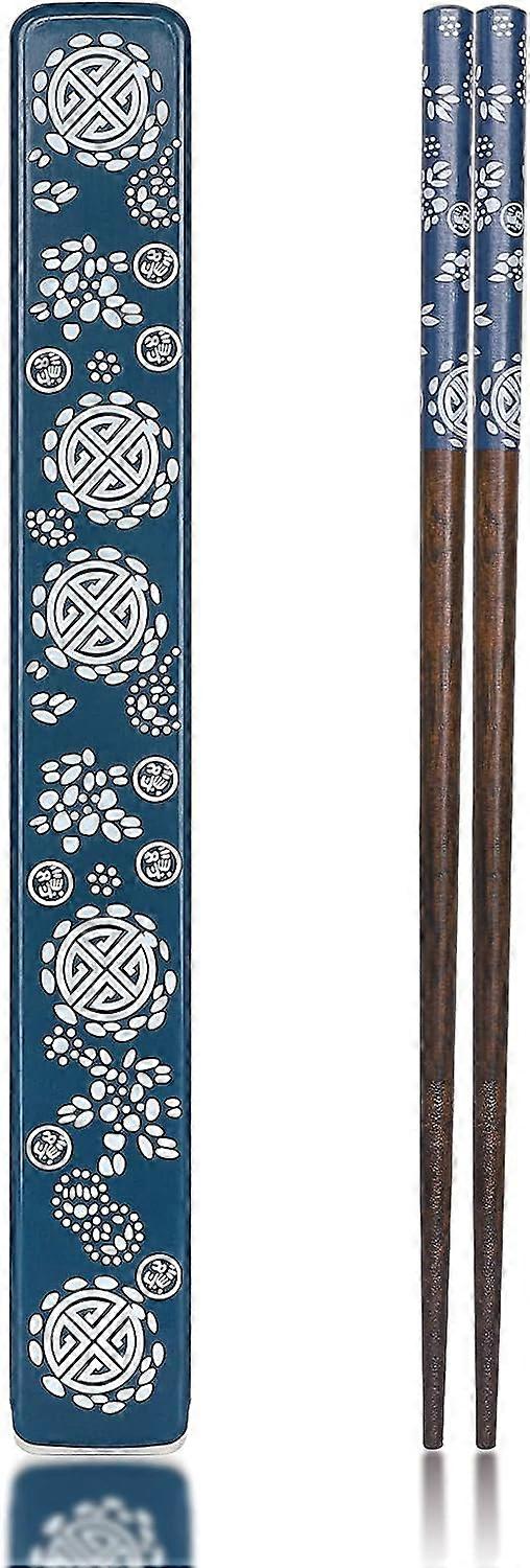 1 Pair Reusable Natural Wood Chopsticks with Case, Portable and Dishwasher Safe (Blue)