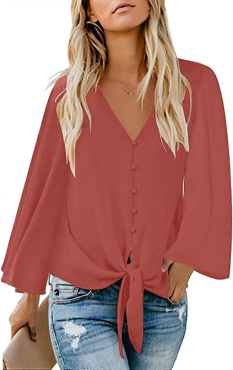 Kvinners V-hals Button-Down Lang Arm Bluse Skjorte Knute Front Casual Top