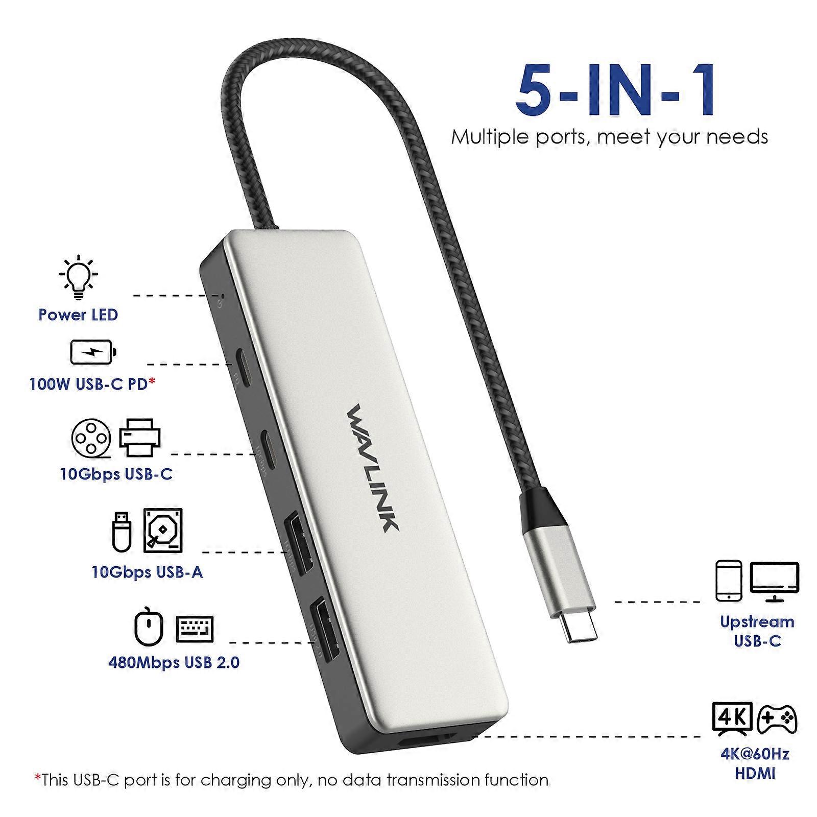 USB C 10Gbps Hub 5-In-1 Multiport Connection Adapter with 85W Power Delivery For MacBook Air/Pro Chromebook Laptops