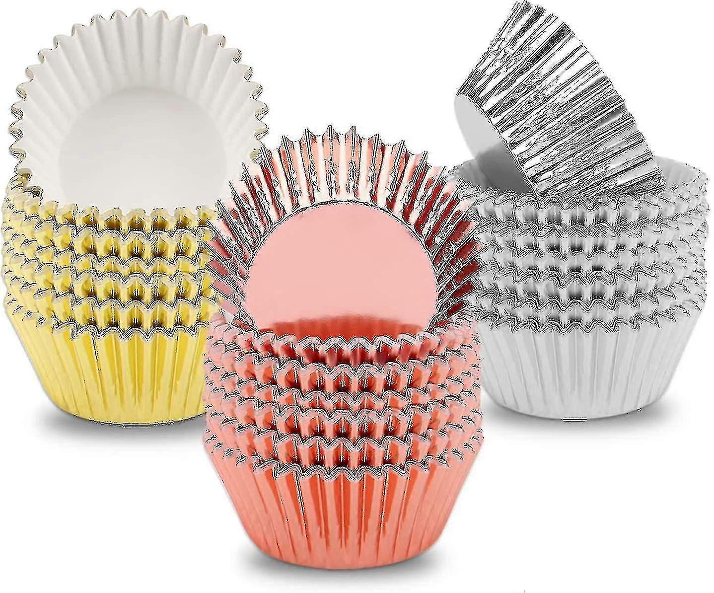 300 Pieces Aluminum Foil Cupcake Liners Muffin Wrappers Aluminum Baking Cups Muffin Paper Cases, Gold, Silver, Rose Gold