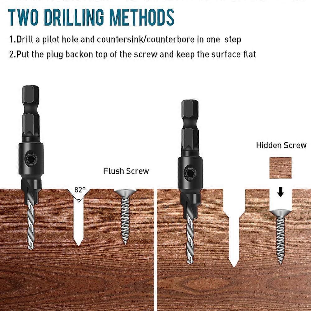 Compact Countersink Drill Bit Set – 3-Piece 1/4" Hex Shank With 5-Flute Design For Wood & Plastic (6mm, 8mm, 9mm)