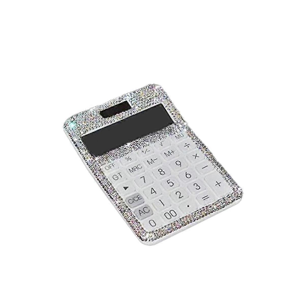 Rhinestone Crystal Dazzling 12 Digit Solar and Battery Dual Power ,LCD Display Calculator for Office, School White