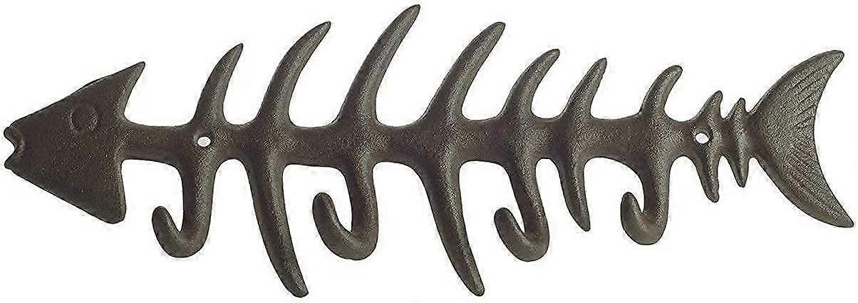 Stylish Cast Iron Coat Rack Fishbone Decorative Wall Mounted Towel Rack with 4 'Fish' Hooks - Includes Screws and Anchors - Brown