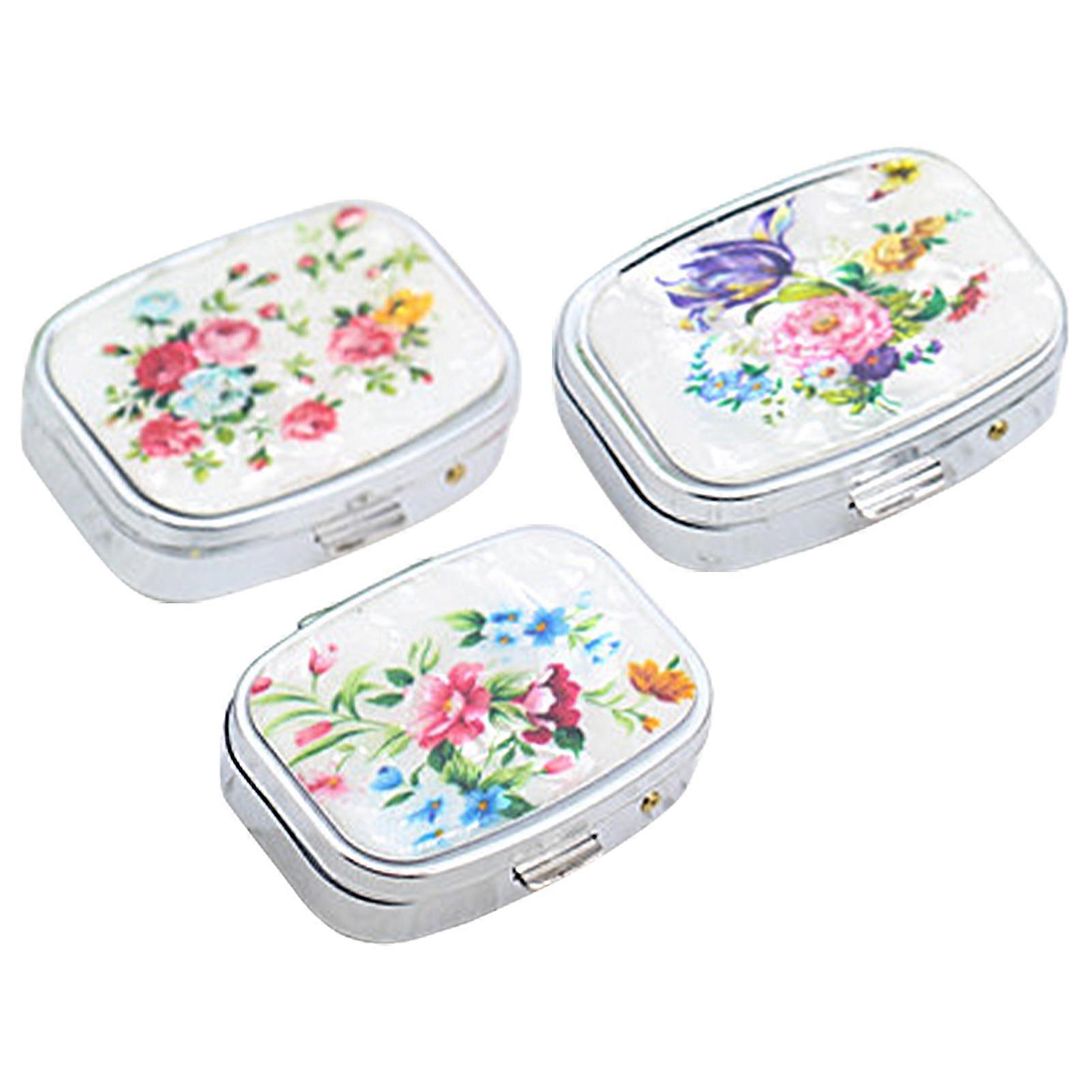 Metal Pill Box with Mirror Reusable Compact Portable Classified Store Pills Flower Print Oblong Shape Large Capacity Pill Organizer for Travel Qinhai