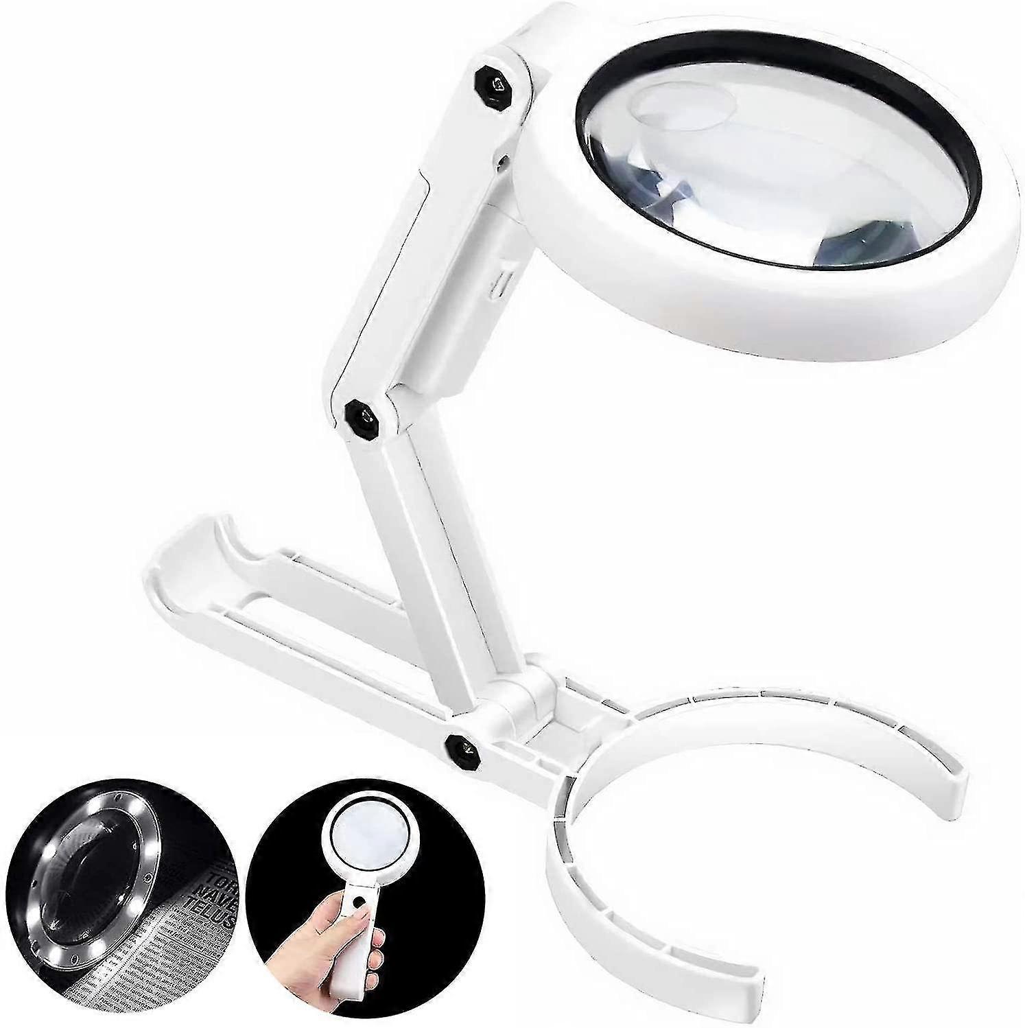 Magnifying Glass With 8 Led Light,5x 11x Handheld And Foldable Magnifier & Illuminated Desktop 2 In 1 Upgrade Version For Seniors And Children White
