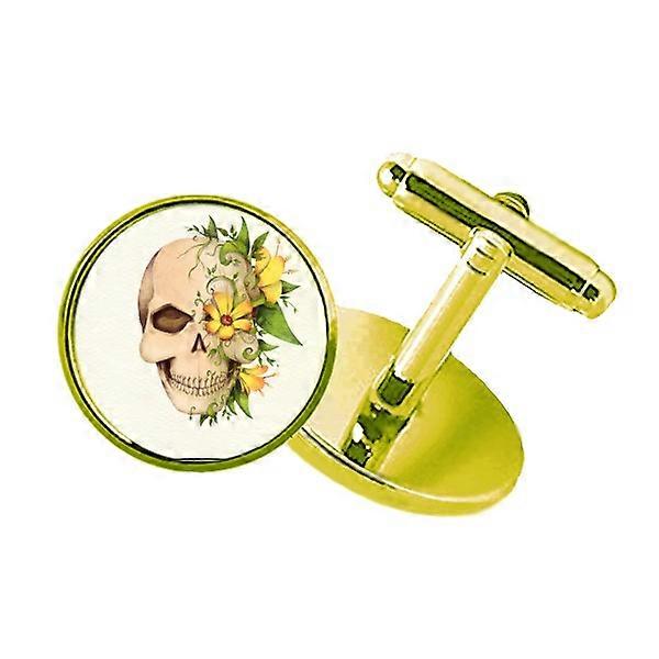 花lスケルトンイラストスタッズ付きビジネスメタルカフスボタンゴールデン