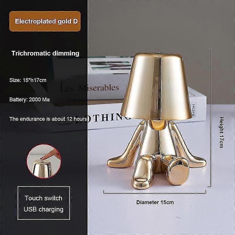 Bedside Touch Table Lamp, Gold Thinker Lamp Desk Light Cordless Rechargeable Portable Decorative Nightstand Lamp With Usb Charging Boris