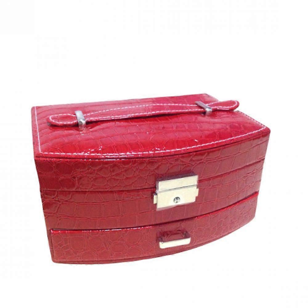 Portable Multi-Layer Jewelry Storage Box Ring Earring Necklace Mirror Organizer Case (Red)