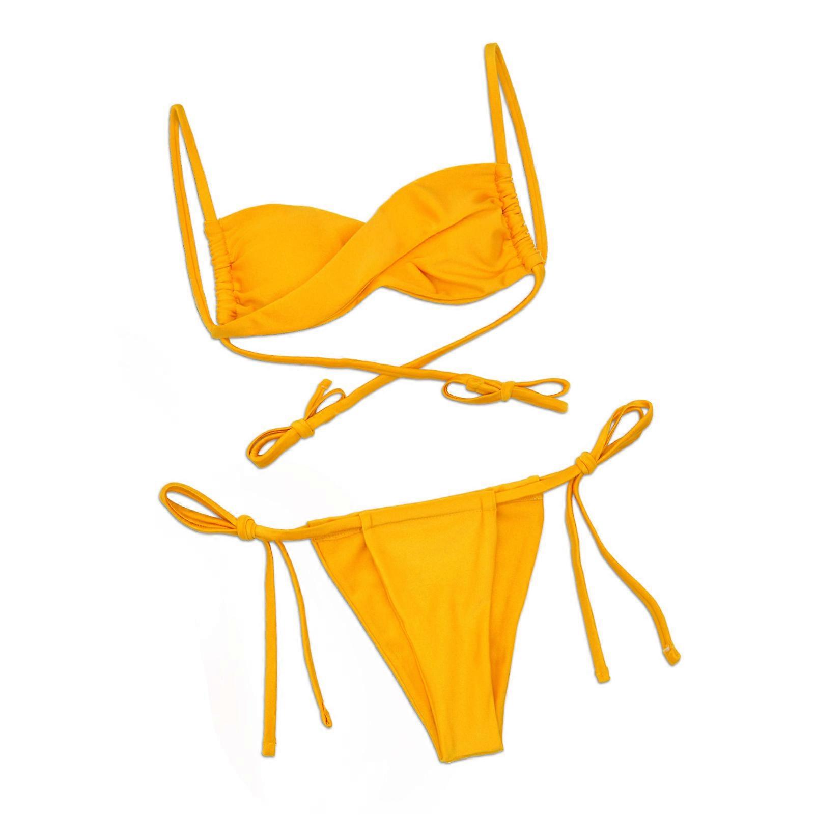 Women 2 Piece Bikini String Tie Back Tie Side Plain Pattern Stretchy Breathable Lightweight Split Swimsuit