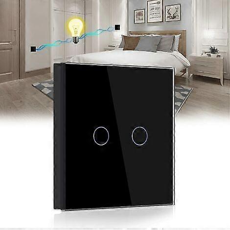 Two Way Touch Switch,Black 2 Gang 2 Way Light Switch With Led Display Light,Touch Switch With Touch Sensor Crystal Glass Panel-No Neutral Wire