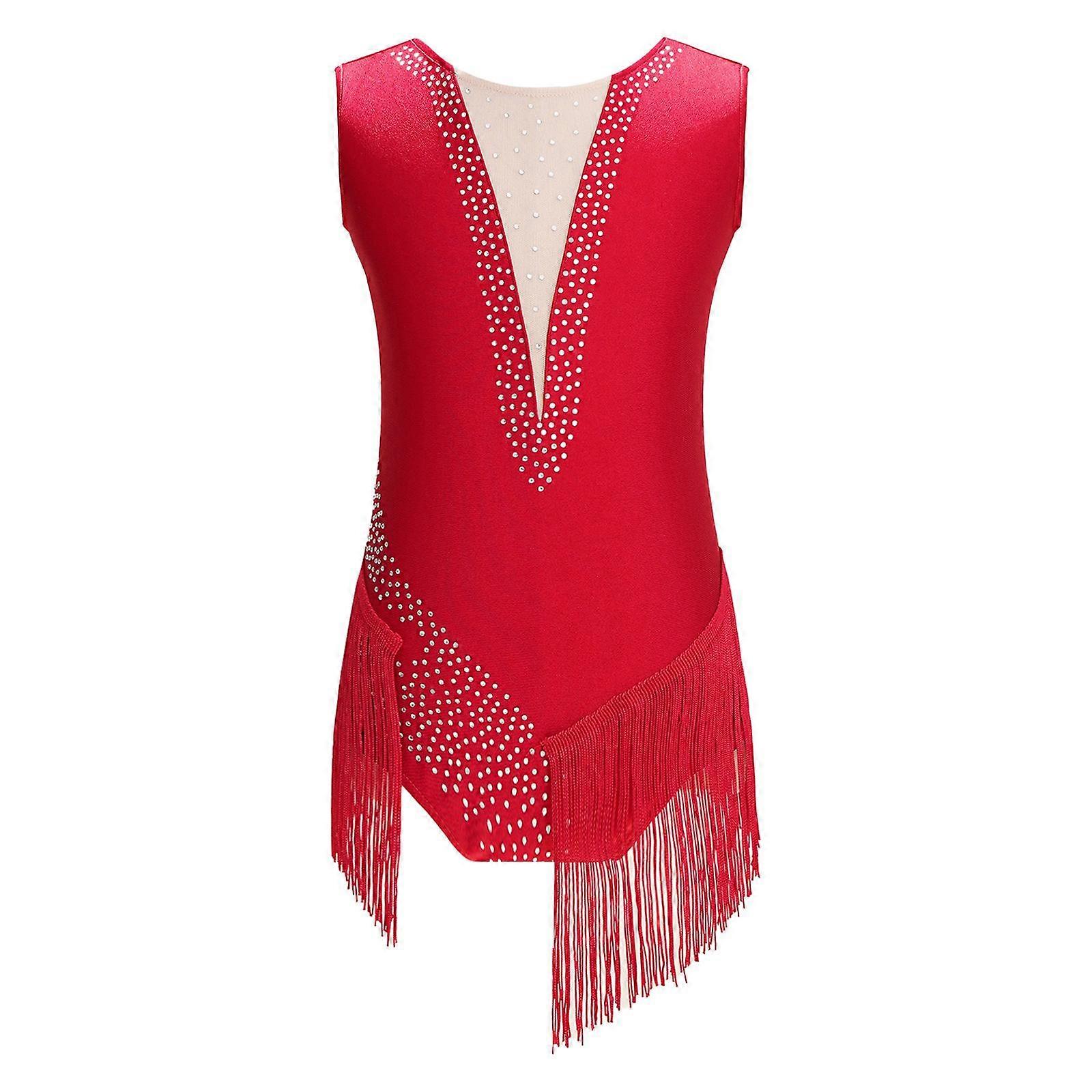 Girls Figure Skating Leotard Sleeveless Fringed Bodysuit with Shiny Rhinestones