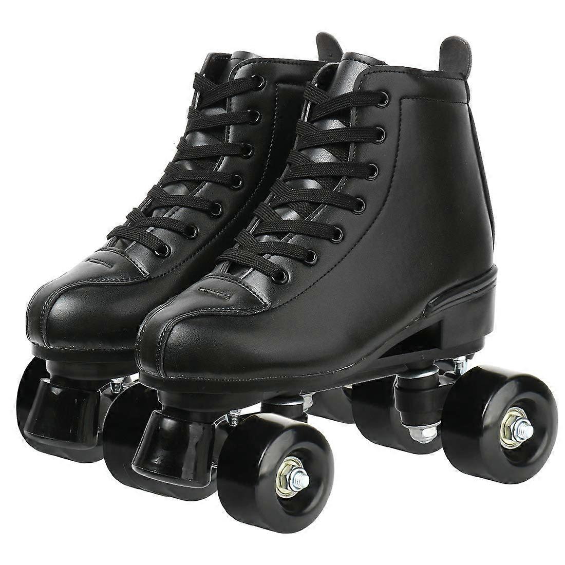 Classic Roller Skates High Top Double Row Leather for Men and Women Size 2-7 Black with Flash Wheels