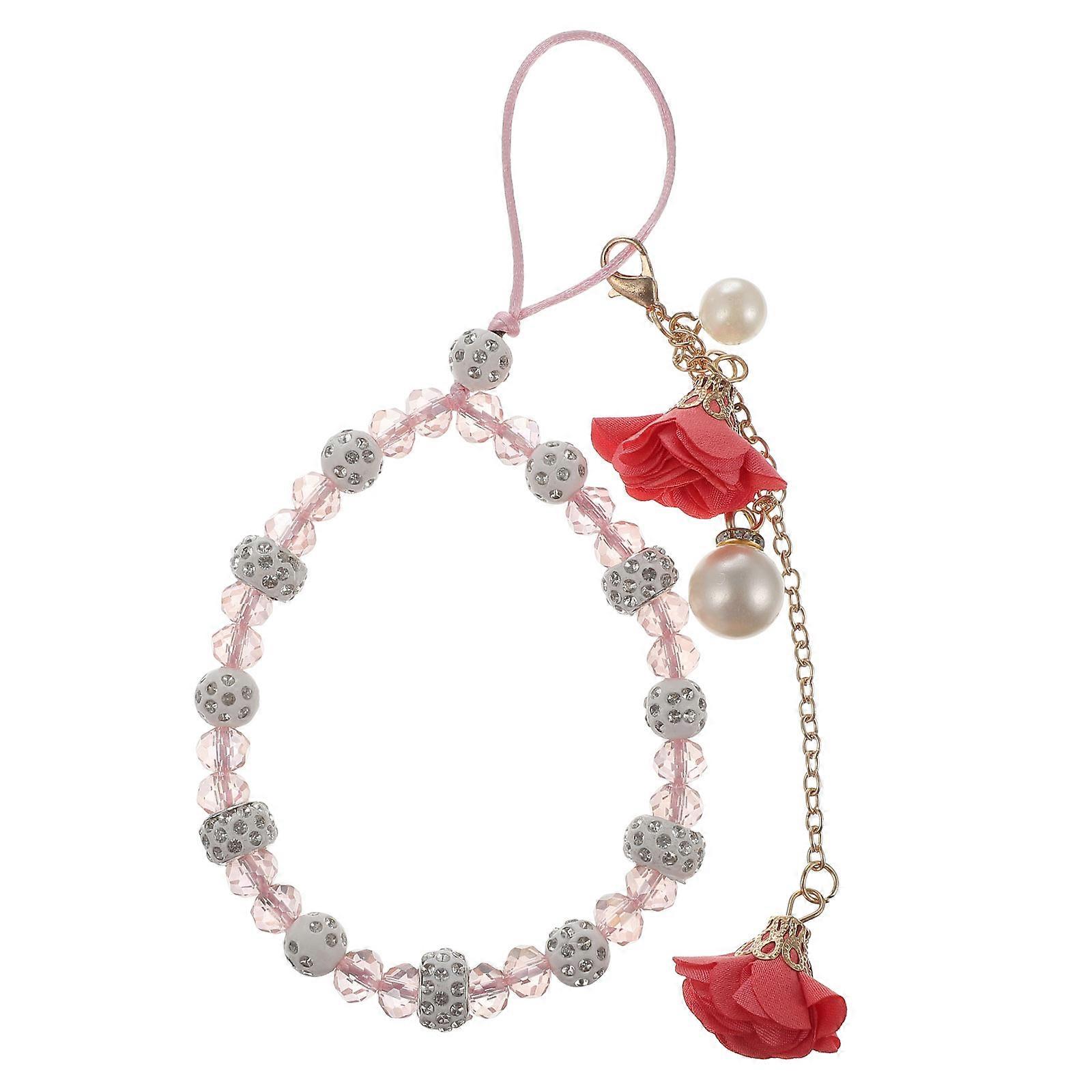 Pink Crystal Phone Strap with Flower Pendants for Decoration Strong Polyester Lanyard 70cm