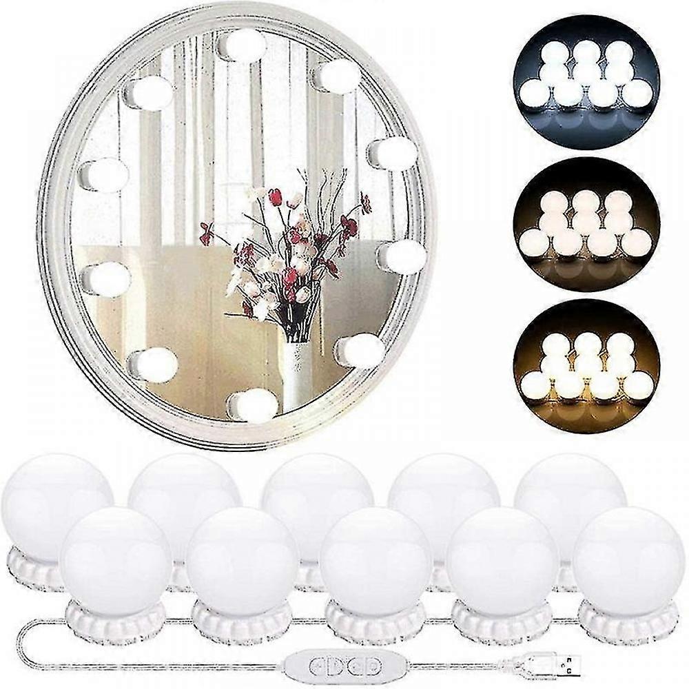 Mirror USB Makeup Strip Light 10 Bulbs 3 Lighting Modes Desktop Wall Mount(10 Bulbs Only)