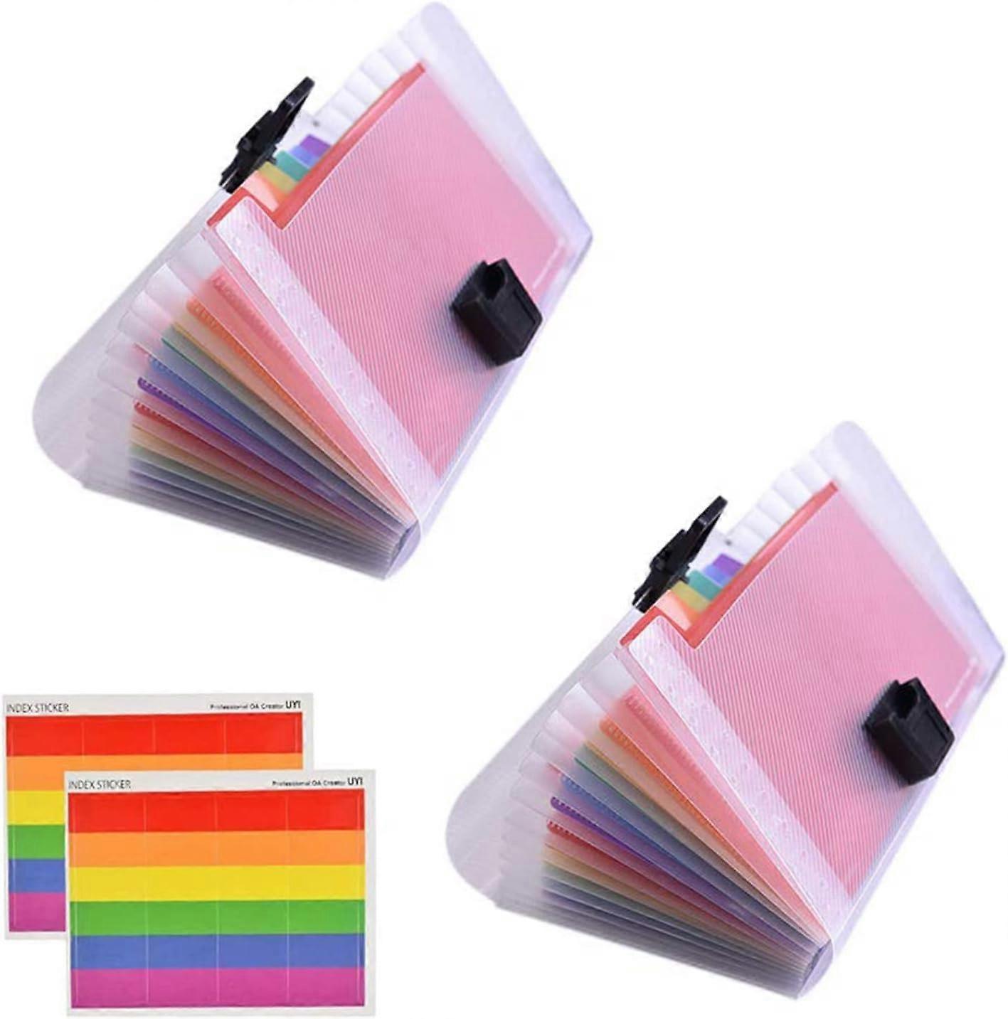 2pc Mini Folder, 13 Pockets Small Accordion File Plastic Expansion Ticket Folder Colored (Rainbow)