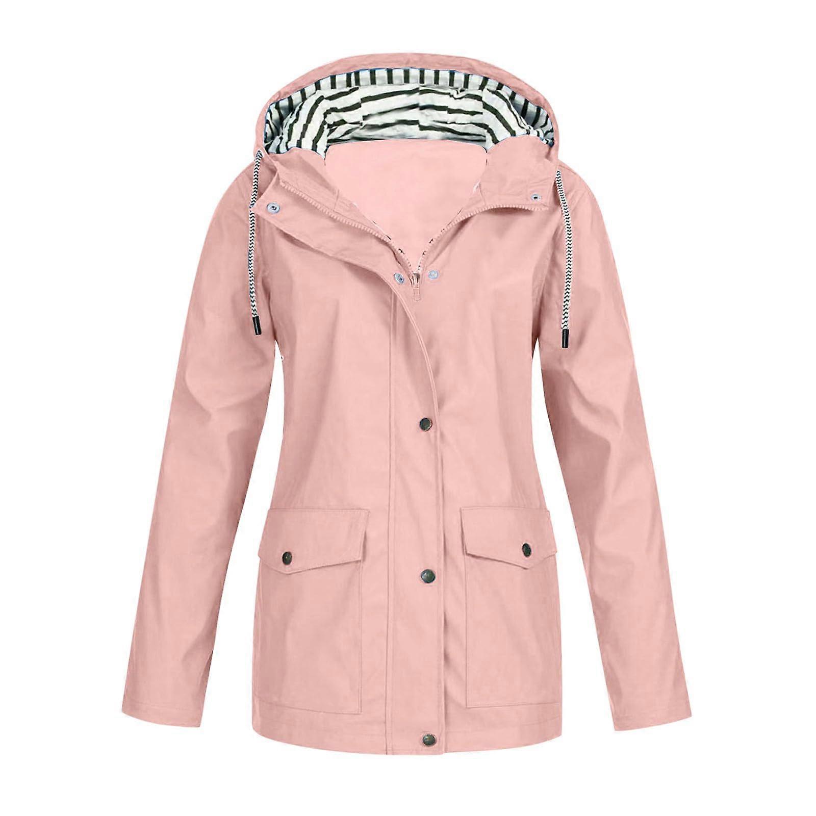 Rain Jacket Waterproof Women's Lightly Lined Thin Long Wind Jacket, Bike Rain Parka, Pink, Size M