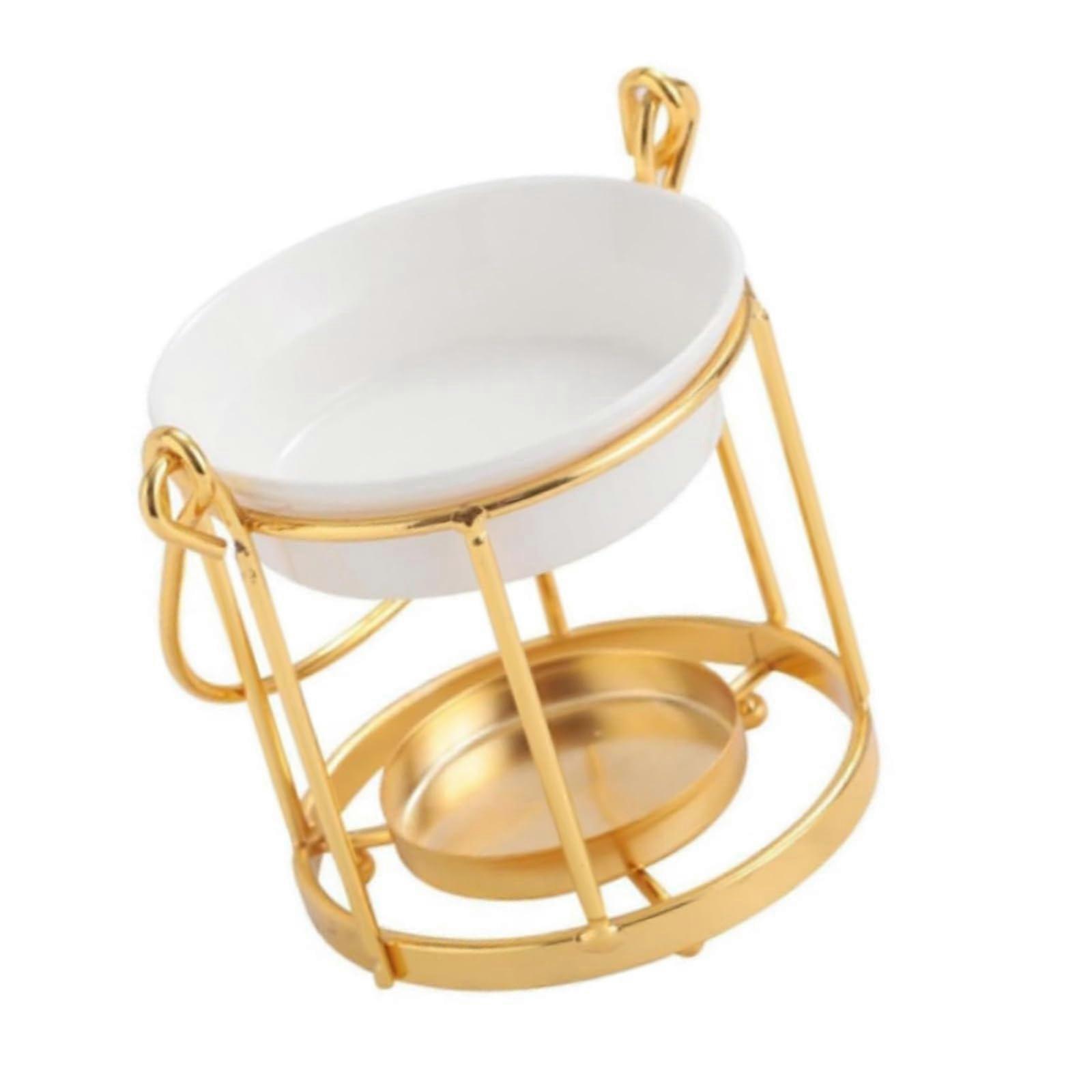 Golden metal burner for essential oils in cage shape, for aromatherapy and candles, fragrance diffuser with ceramic dish