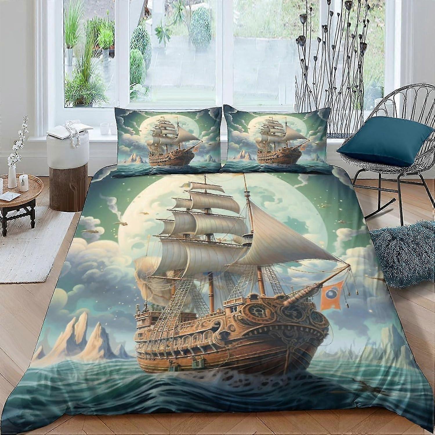 Sailing Ship Bedding Set for Kids, 3D Printed Duvet Cover with Hidden Zipper, Includes Pillowcase and Quilt Cover