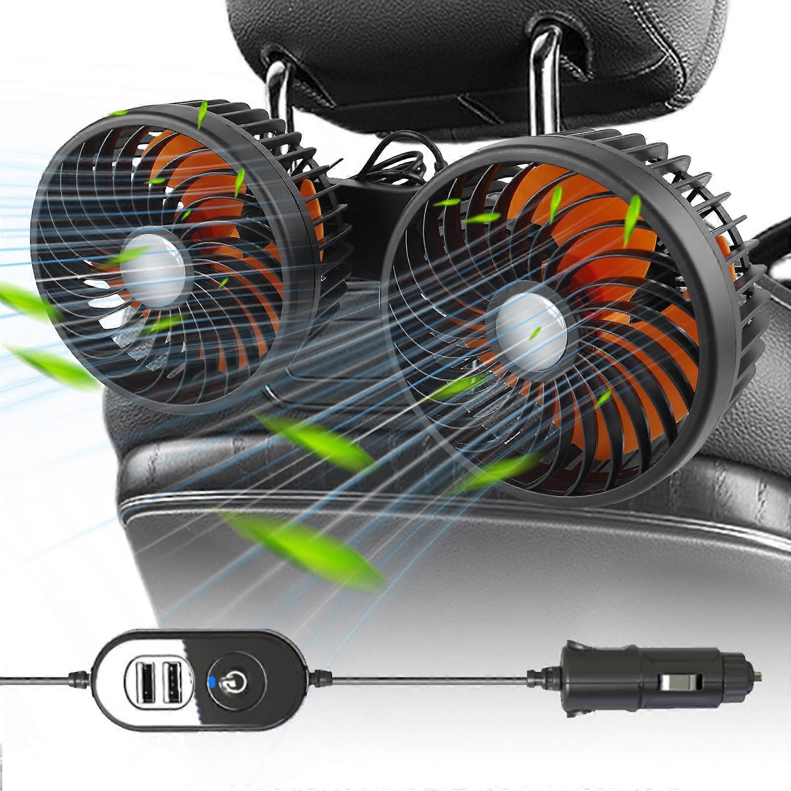 12V Car Fan for Back Seat, 360 Degree Rotatable, 5V Dual Head Car Fan, Mini Fan, Portable 360° Rotating Car Fan for Vehicles Like Sedan, SUV, RV