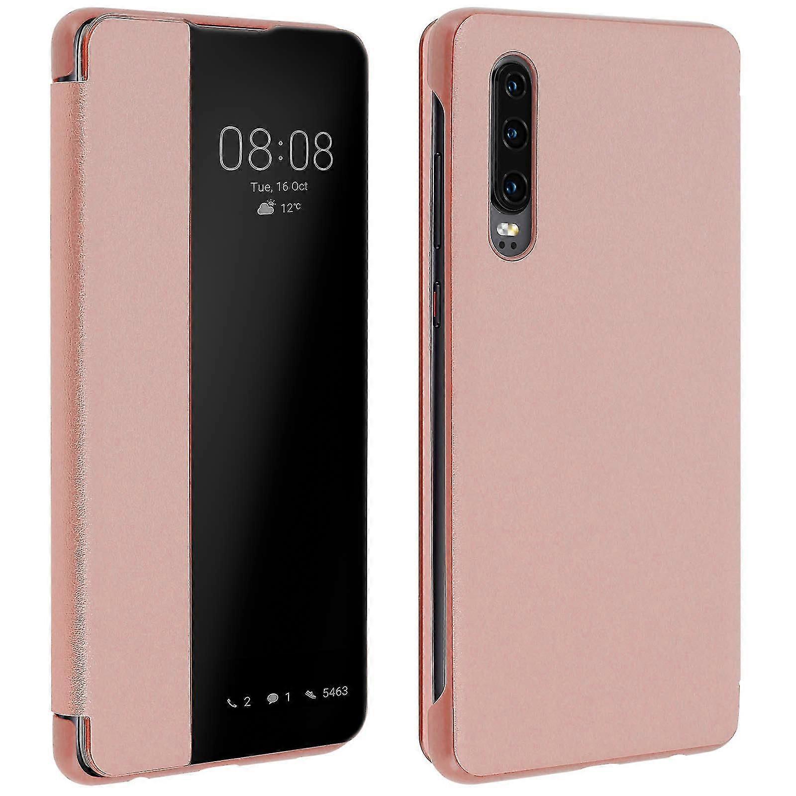 Folio Case for Huawei P30 Window Time Display Video Stand Rose Gold