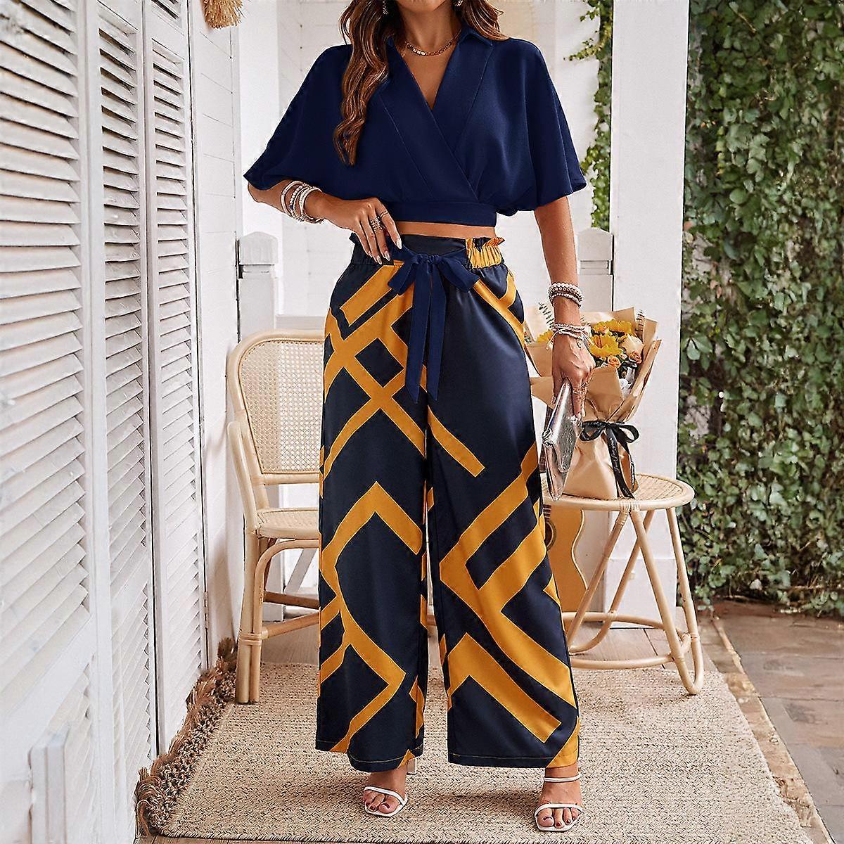 Women's Summer Temperament V Neck Short Sleeve Color Contrast Printed Top Wide Leg Pants Two Piece Suit