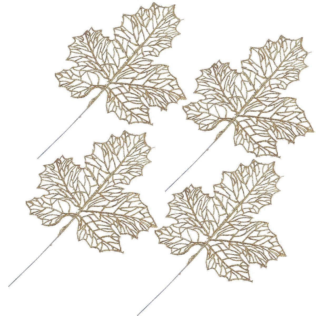 Golden Simulation Maple Leaf Decor for Christmas Tree and Flower Arrangement 4PCS Plastic