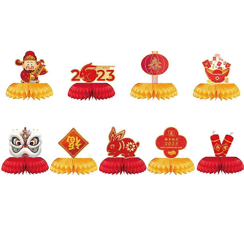 Red Honeycomb Adornments for Party Decoration with Premium Paper Material and Happy New Year Design 9pcs