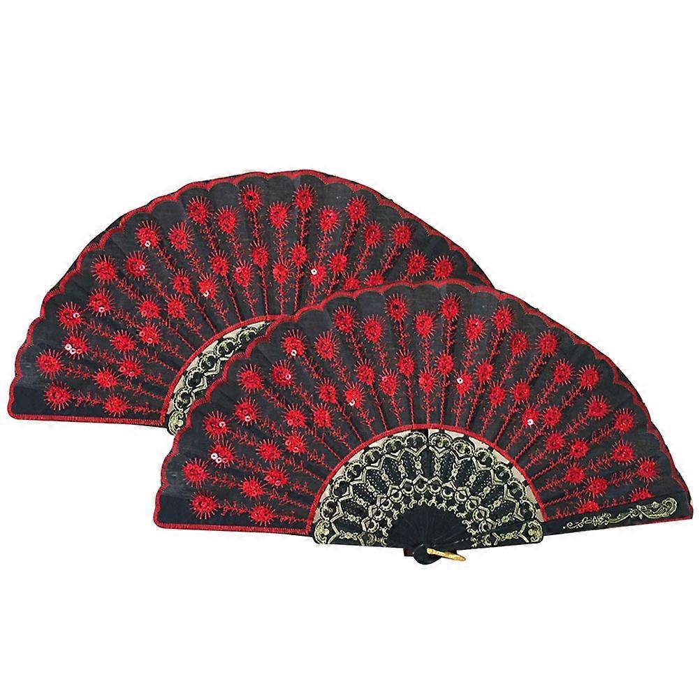 Vintage Embroidered Folding Fans, 2pcs Portable Handheld Decor for Weddings, Parties, Cosplay, Stage and Photo Props, Cloth Material