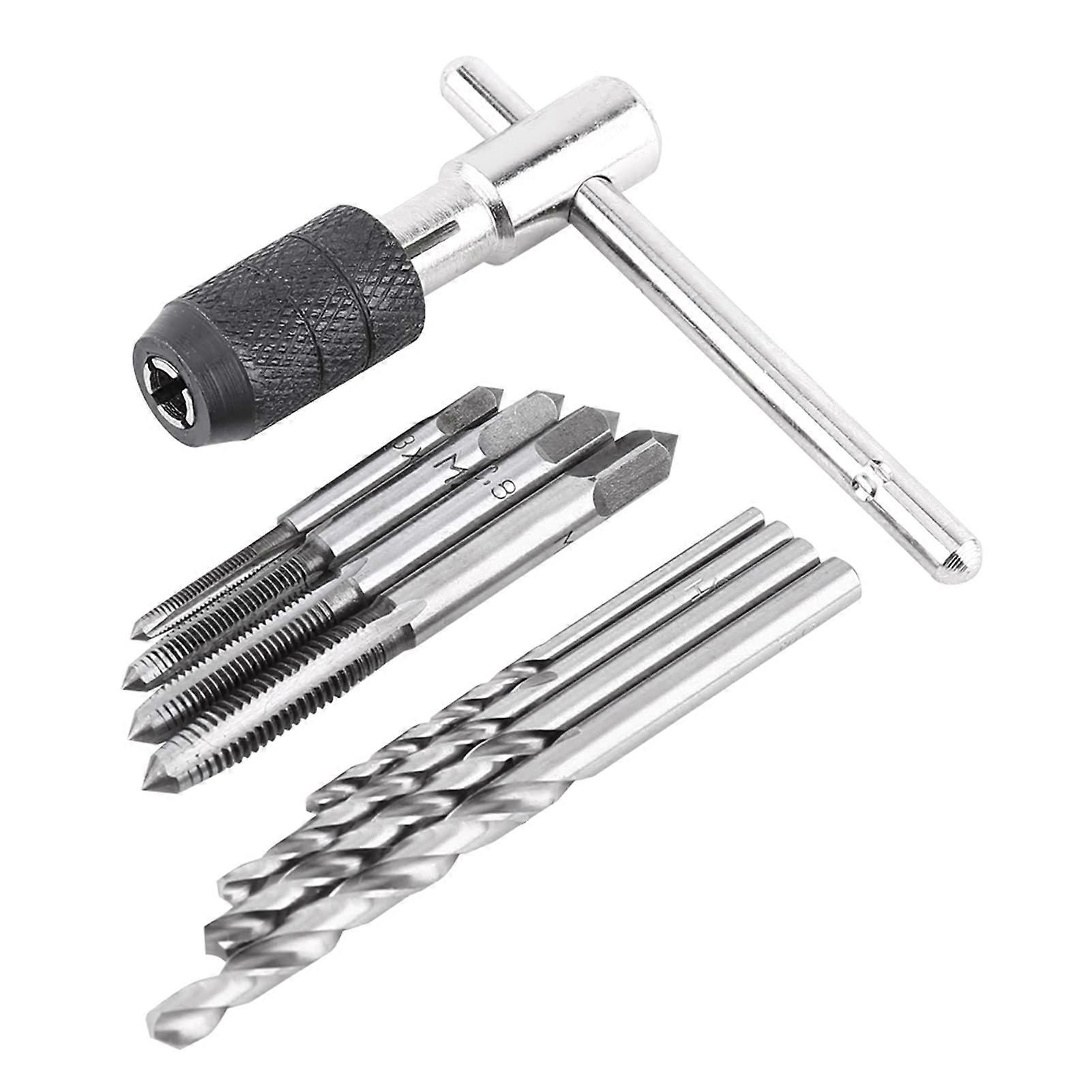 9 Piece Tap Set with T-Shaped Wrench and Twist Drill for Metal and Wood Tapping, Durable Hand Tool Kit