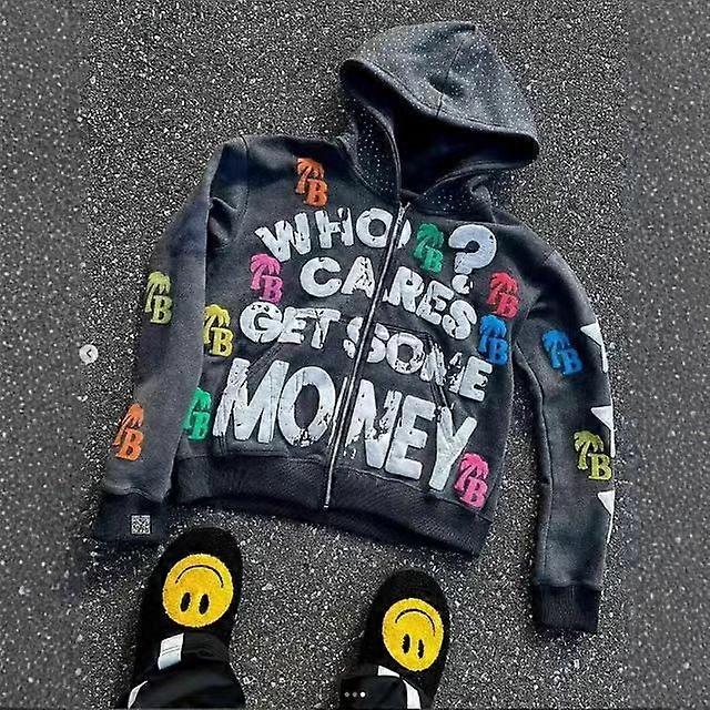 Print Pattern Loose Casual Comfortable Hooded Zip-Up Retro Sweatshirt Jacket