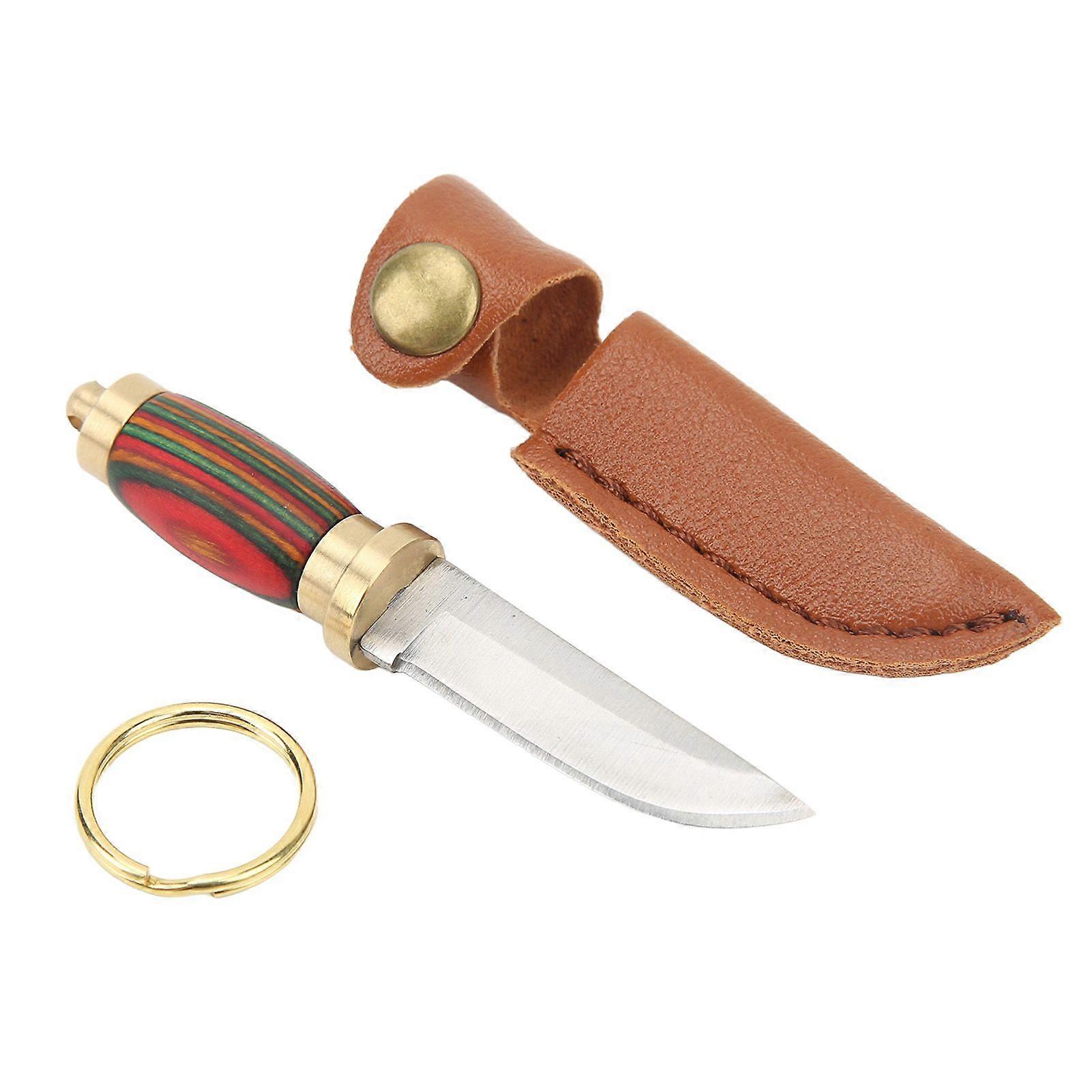 Small Mini Knife Stainless Steel Blade Brass Color Wooden Handle with Sheath Keychain for Package Opener Box Cutter Type 2
