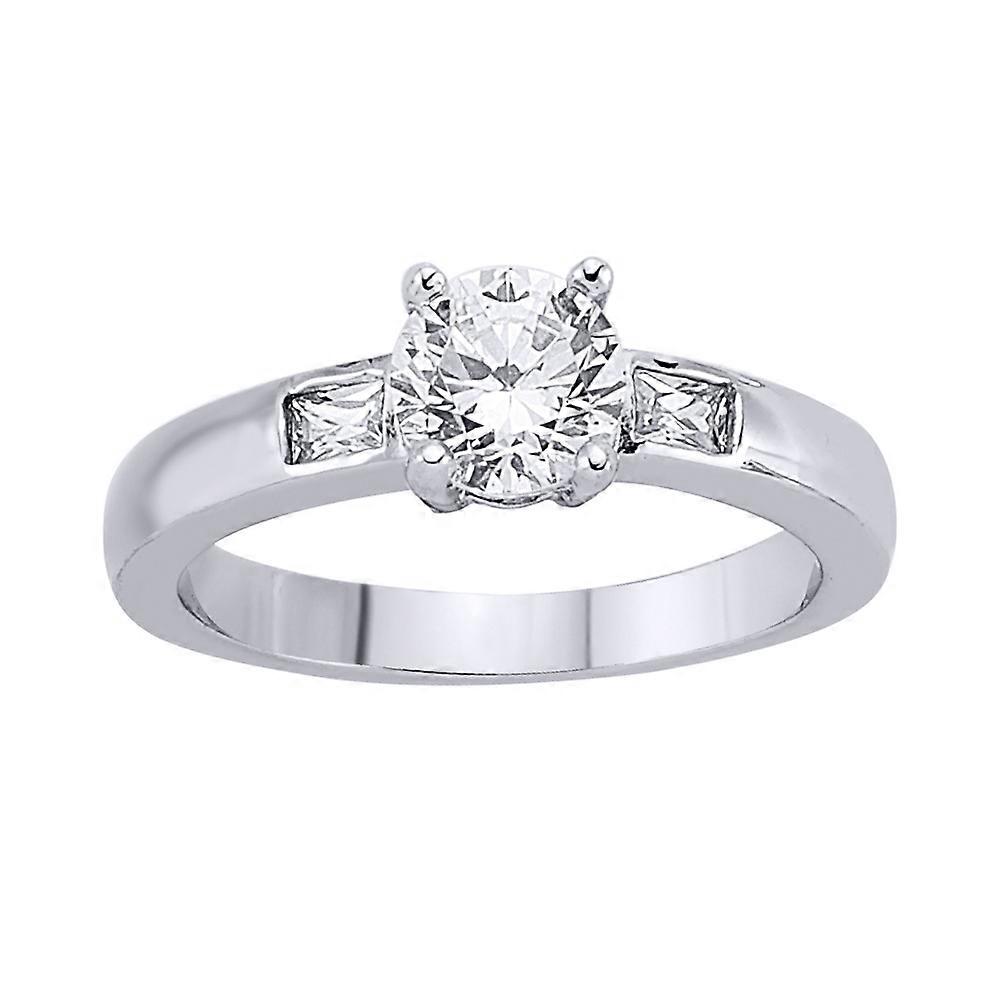 Jewelco London Ladies Sterling Silver Rectangular Cubic Zirconia Shoulder-Set 4 Claw Solitaire Engagement Ring
