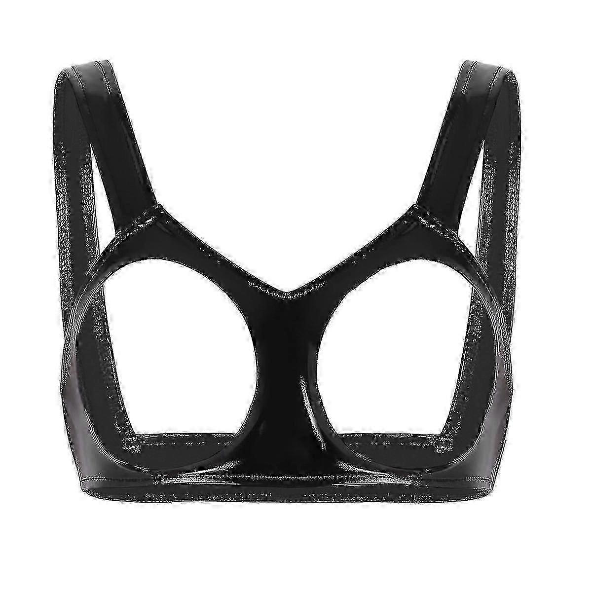 Otwoo Womens Wet Look Patent Läder BH Underkläder Halter Halta Halta Hals Öppna Bröst Underkläder Bralette Underkläder Öppna Kupor Trådlösa Hylla BH Top